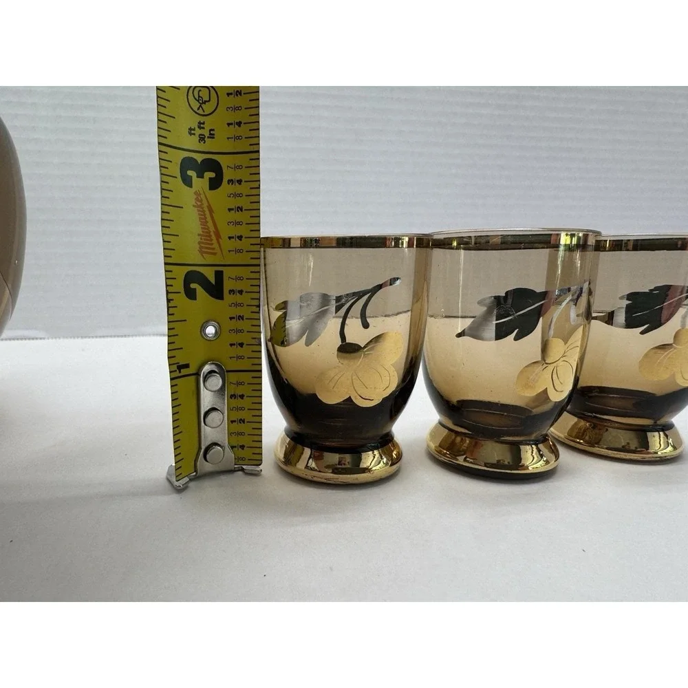 VTG Bohemian Amber Glass Decanter Set Gold Gilt Enamel Flowers 4 Pc Czech NICE